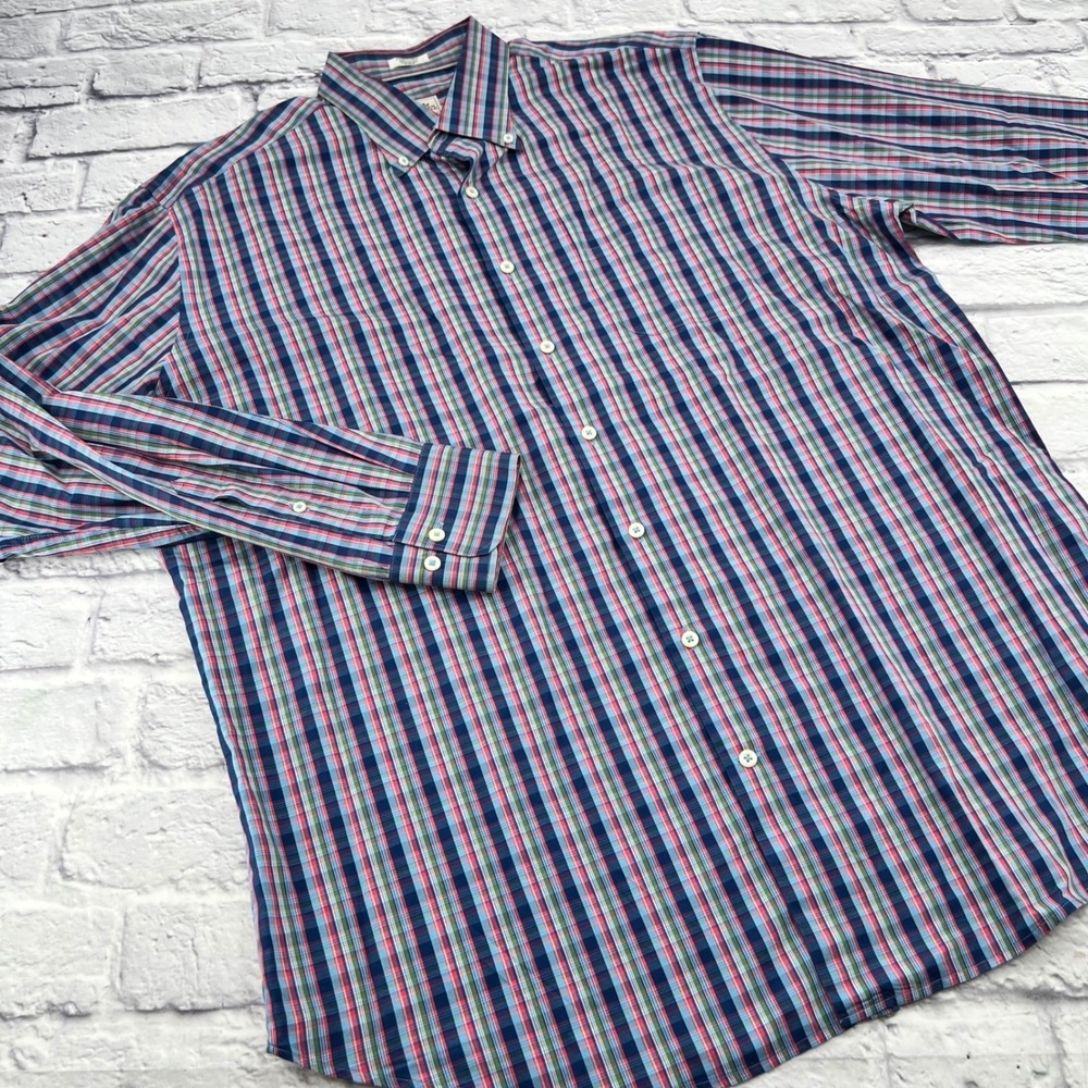Peter Millar Mens XL Seaside Finish Plaid Button Down Shirt Blue Pink Green